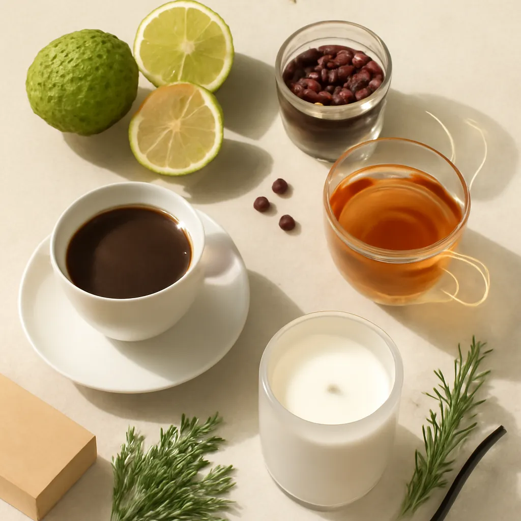 Ingredient image: bergamot, tea, coffee, cedar, rosemary, vanilla, editorial flat lay, realistic texture, elegant neutral background, no text