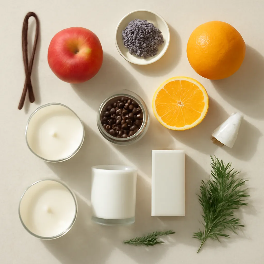 Ingredient image: vanilla, apple, lavender, citrus, cedar, coffee, jasmine, editorial flat lay, detailed realistic texture, elegant neutral background, no text