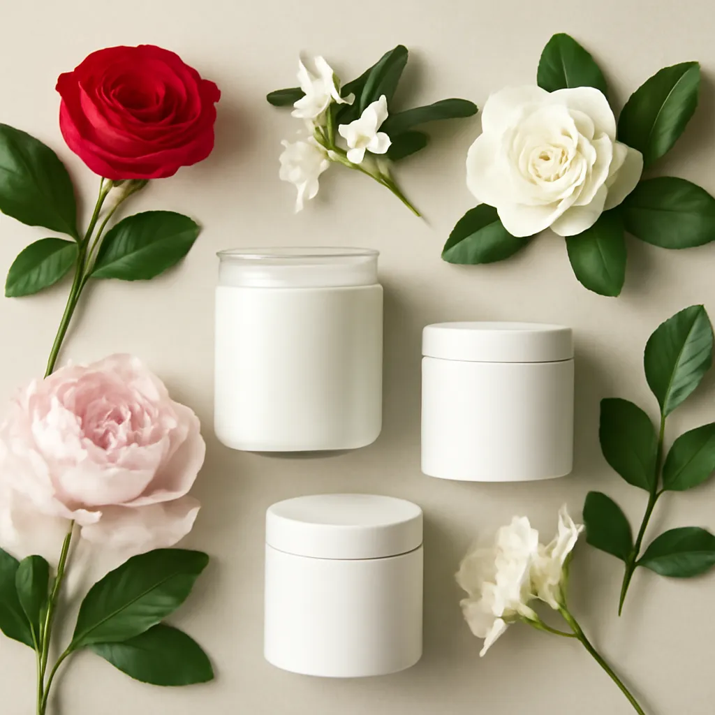Ingredient image: rose, jasmine, gardenia, peony, freesia, green leaves, editorial flat lay, detailed realistic texture, elegant neutral background, no text