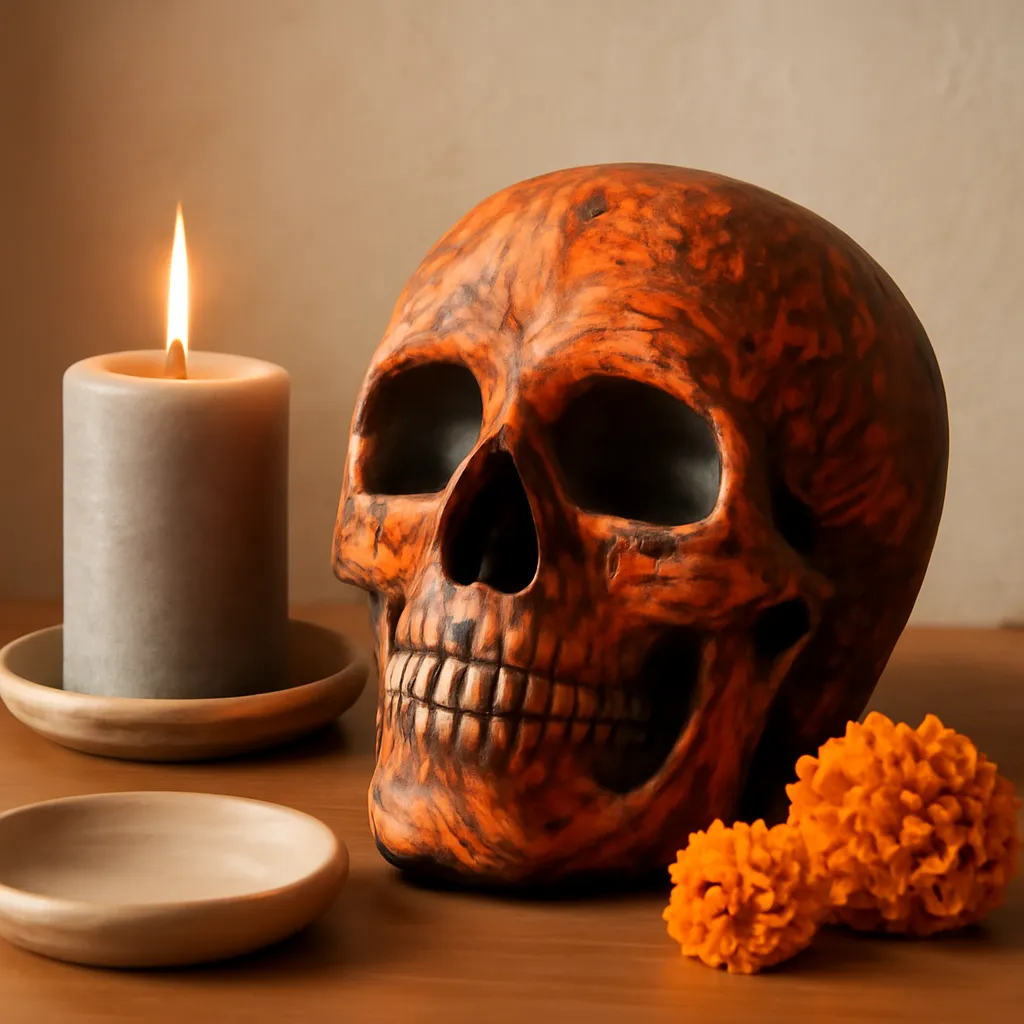 Detail image: painted skull, neutral wall, wax dish, marigold accents, warm lighting, realistic texture, Gothic editorial styling, controlled composition, no text