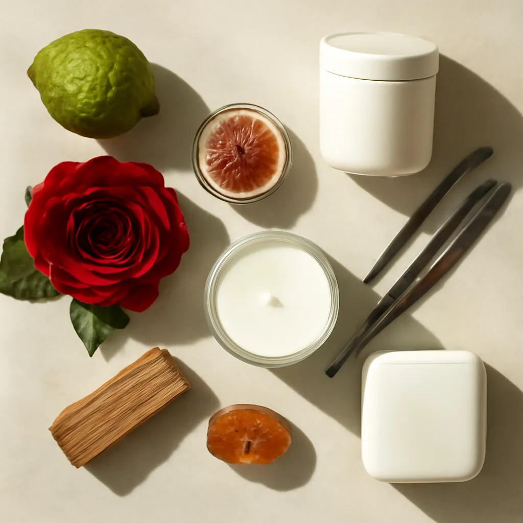 Ingredient image: bergamot, rose, fig, vanilla, cedar, amber, editorial flat lay, realistic texture, elegant neutral background, no text