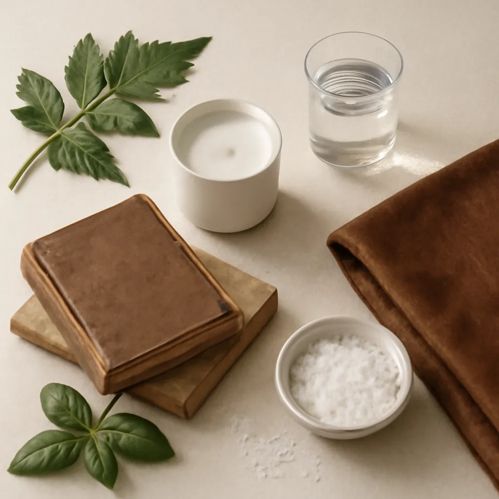 Ingredient image: tomato leaf, petrichor, old books, basil, leather, sea salt, editorial flat lay, detailed realistic texture, elegant neutral background, no text