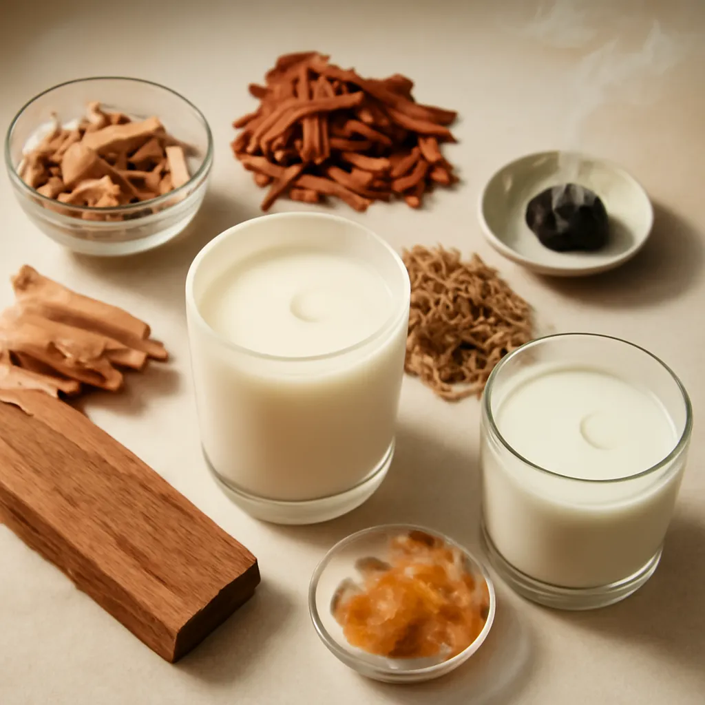 Ingredient image: cedar chips, sandalwood, oak, amber resin, smoke, editorial flat lay, detailed realistic texture, elegant neutral background, no text