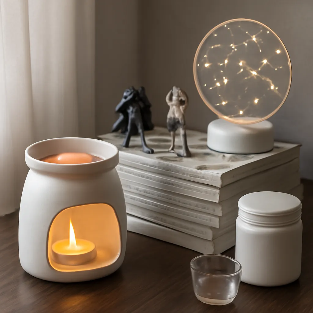 Detail image: wax warmer, manga books, small figures, LED accent light, clear heat space, realistic texture, Gothic editorial styling, controlled composition, no text