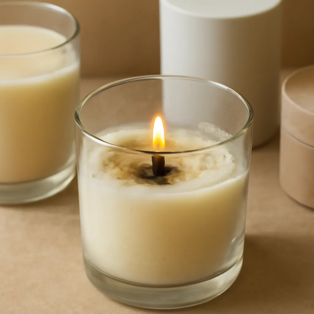 Ingredient close-up: weak flame, tunneling, soot, mushroom wick, uneven wax, editorial flat lay, realistic texture, warm neutral background, no text