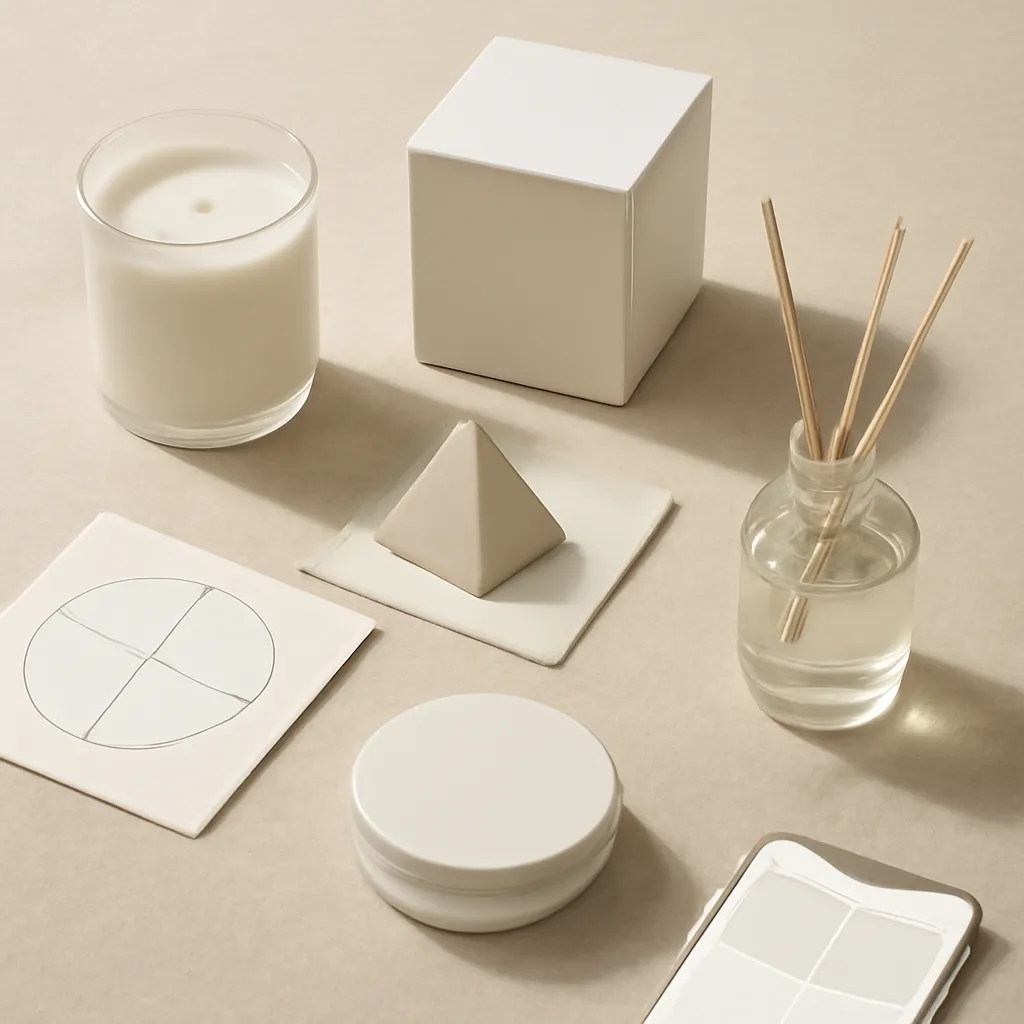 Ingredient image: candle label, note pyramid, fragrance chart, shopping screen, editorial flat lay, realistic texture, elegant neutral background, no text