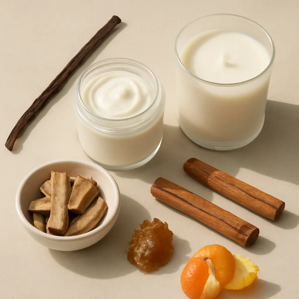 Ingredient image: vanilla bean, cream, sandalwood, cinnamon, musk, citrus peel, editorial flat lay, detailed realistic texture, elegant neutral background, no text