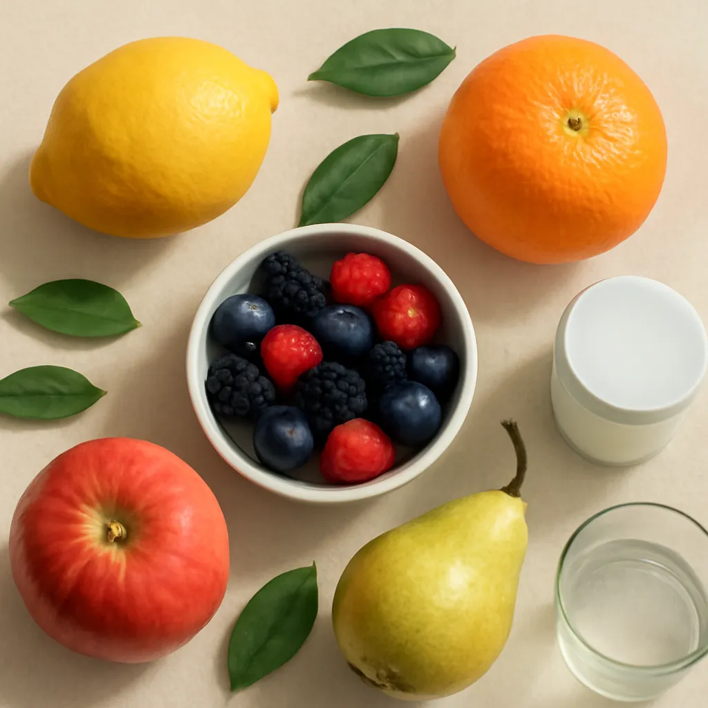 Ingredient image: lemon, orange, apple, pear, berries, green leaves, editorial flat lay, detailed realistic texture, elegant neutral background, no text