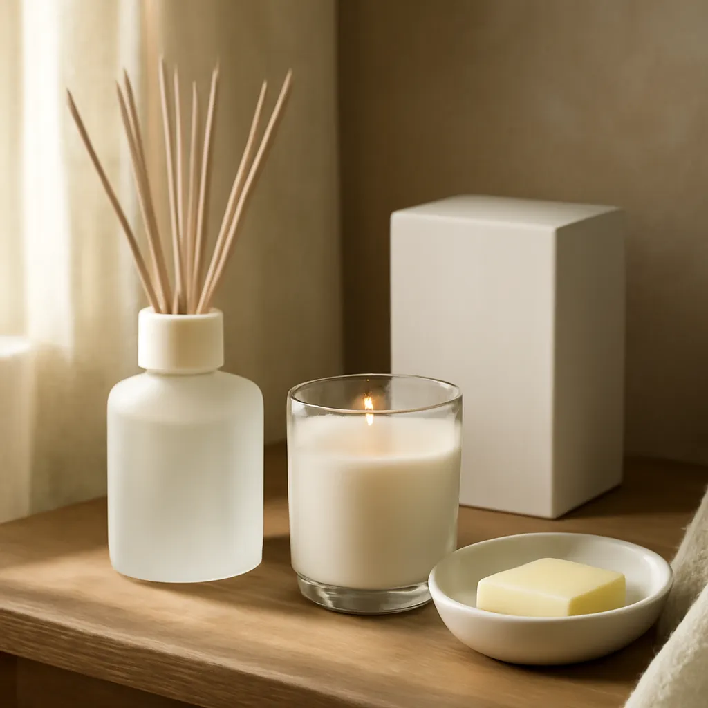 Detail image: diffuser mist, wax dish, candle jar, fragrance icons, room-size chart, realistic texture, Gothic editorial styling, controlled composition, no text