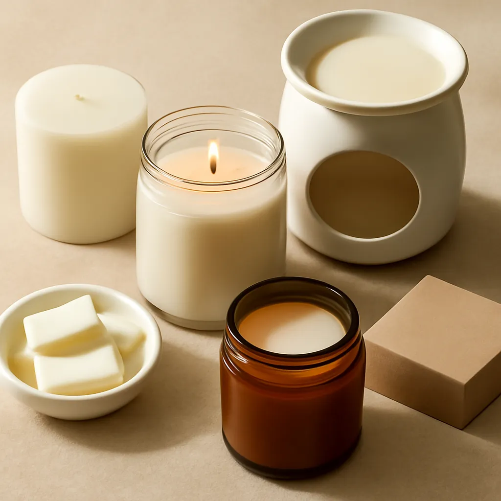 Ingredient close-up: wickless wax, flame candle, warmer lamp, amber jar, editorial flat lay, realistic texture, warm neutral background, no text