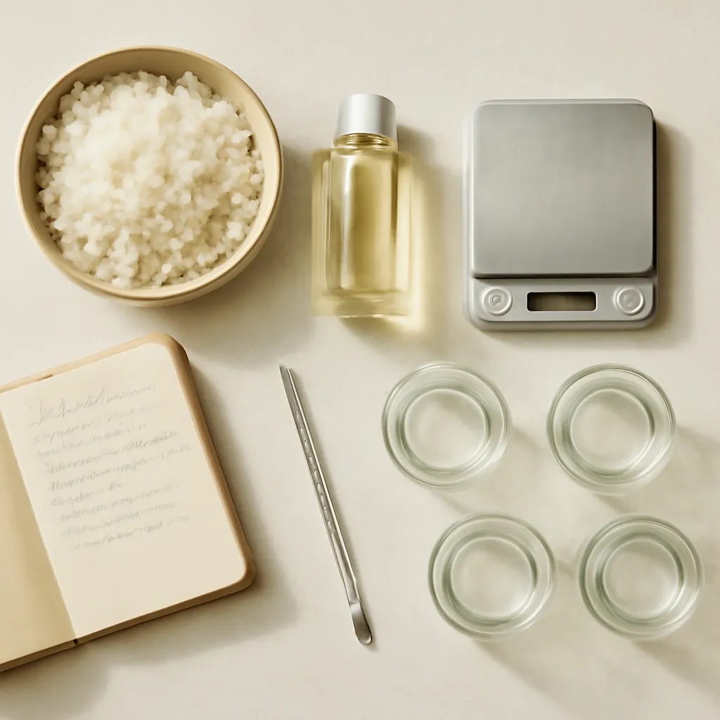 Ingredient image: wax, fragrance oil, scale, thermometer, test jars, batch notes, editorial flat lay, realistic texture, elegant neutral background, no text