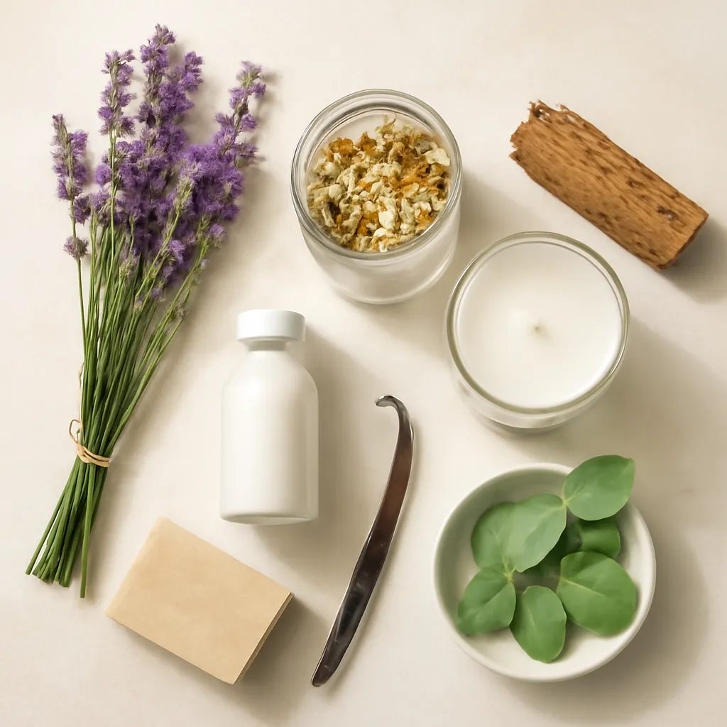 Ingredient image: lavender stems, chamomile, eucalyptus, vanilla, cedar, editorial flat lay, detailed realistic texture, elegant neutral background, no text