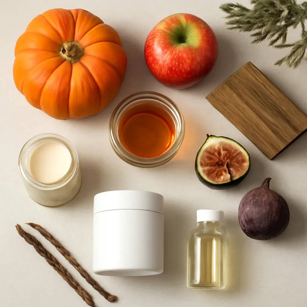 Ingredient image: pumpkin, apple, fig, amber, cedar, vanilla, editorial flat lay, detailed realistic texture, elegant neutral background, no text