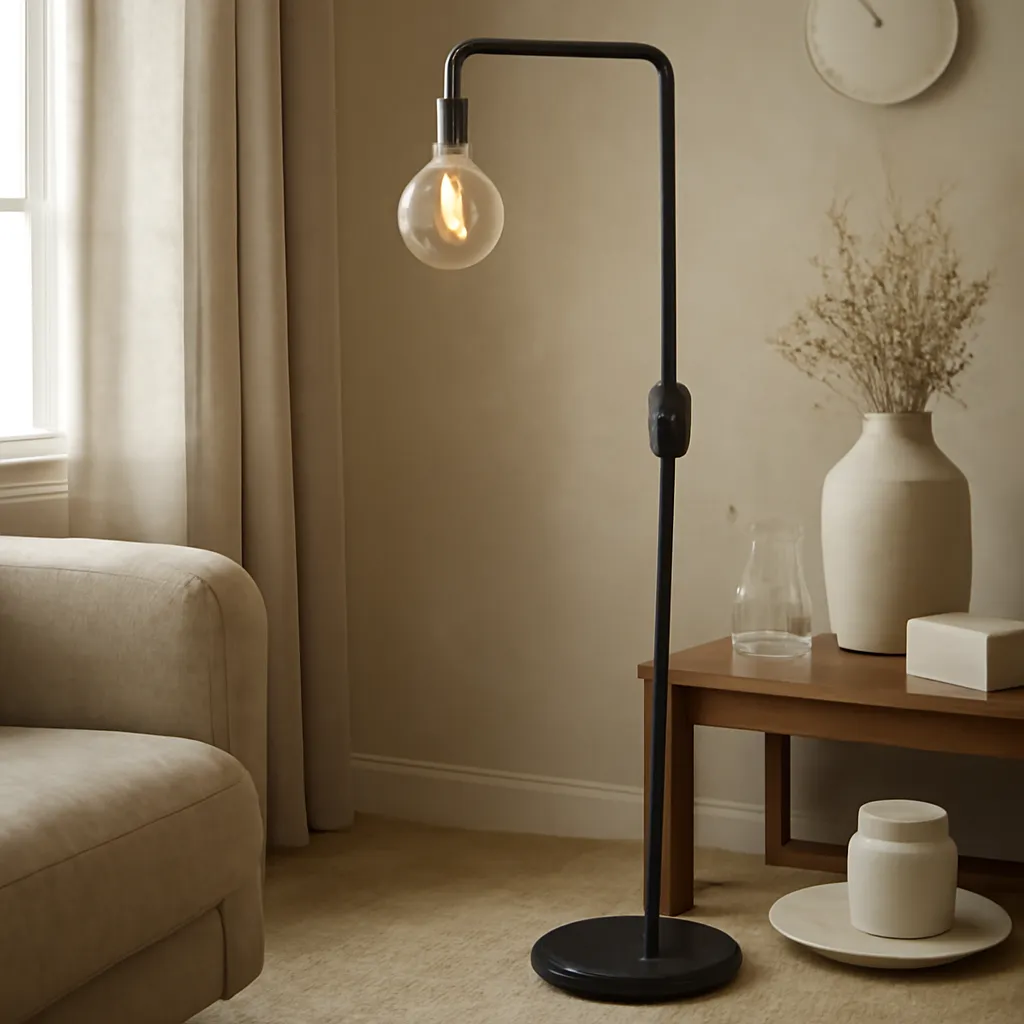Detail image: bulb, dimmer controller, timer icons, adjustable pole, stable base, realistic texture, Gothic editorial styling, controlled composition, no text