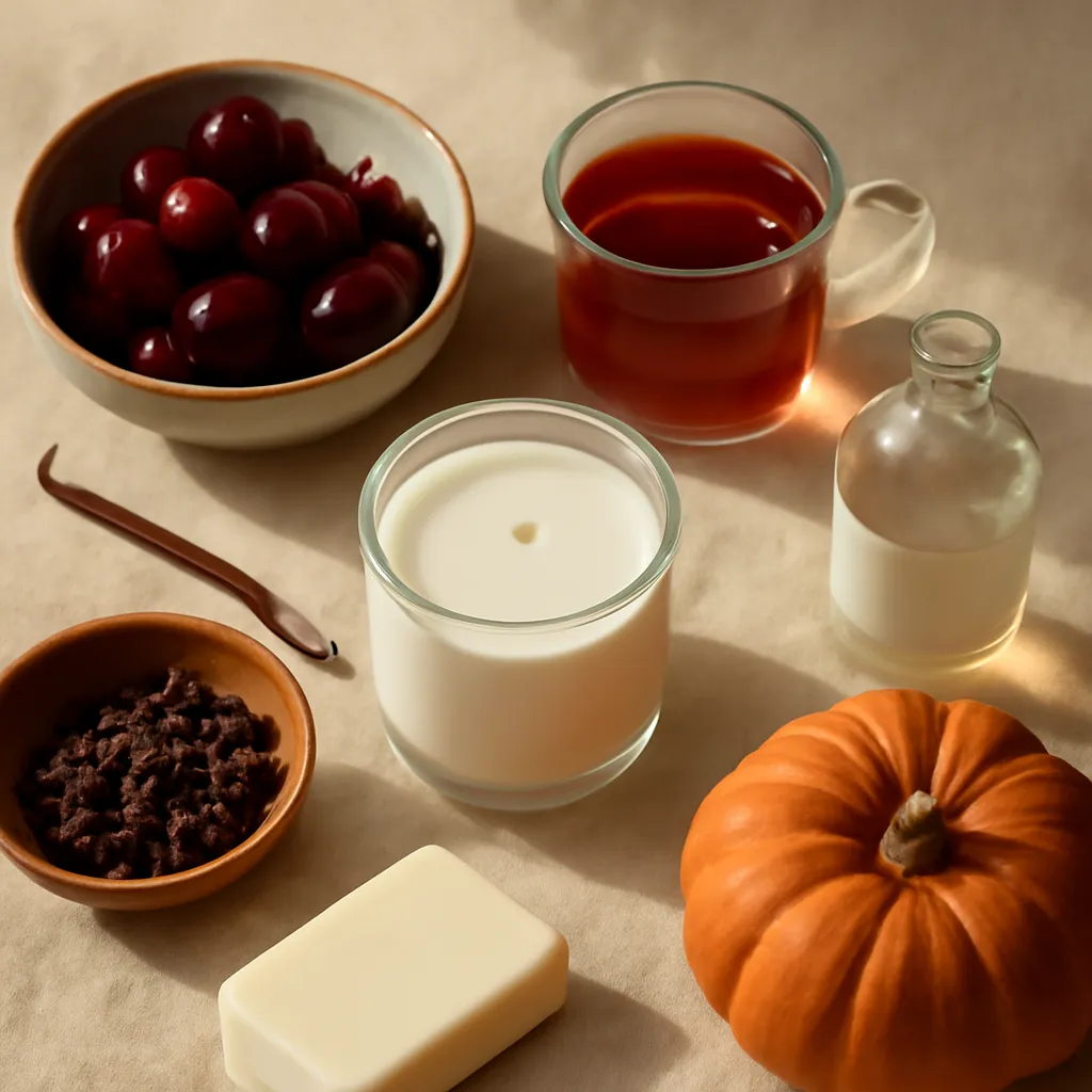 Ingredient close-up: dark cherry, smoked vanilla, black tea, cedar, amber pumpkin, editorial flat lay, realistic texture, warm neutral background, no text