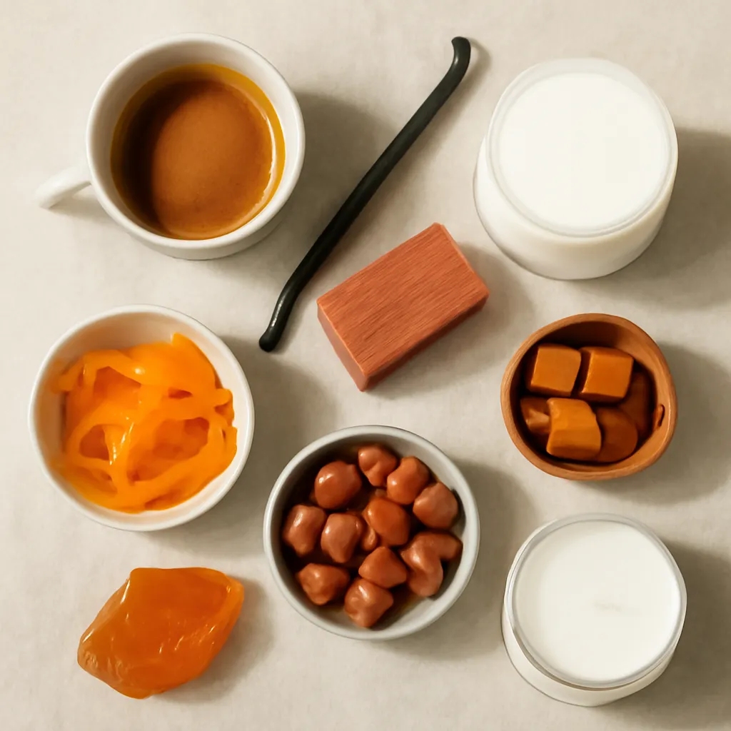 Ingredient image: espresso, vanilla, cedar, orange peel, hazelnut, caramel, editorial flat lay, realistic texture, elegant neutral background, no text