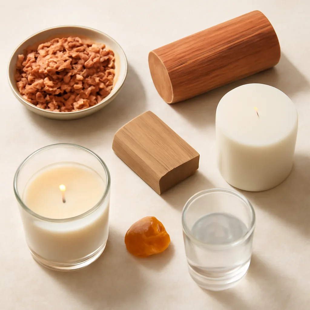 Ingredient image: cedar chips, sandalwood, oak, amber resin, smoke, editorial flat lay, detailed realistic texture, elegant neutral background, no text