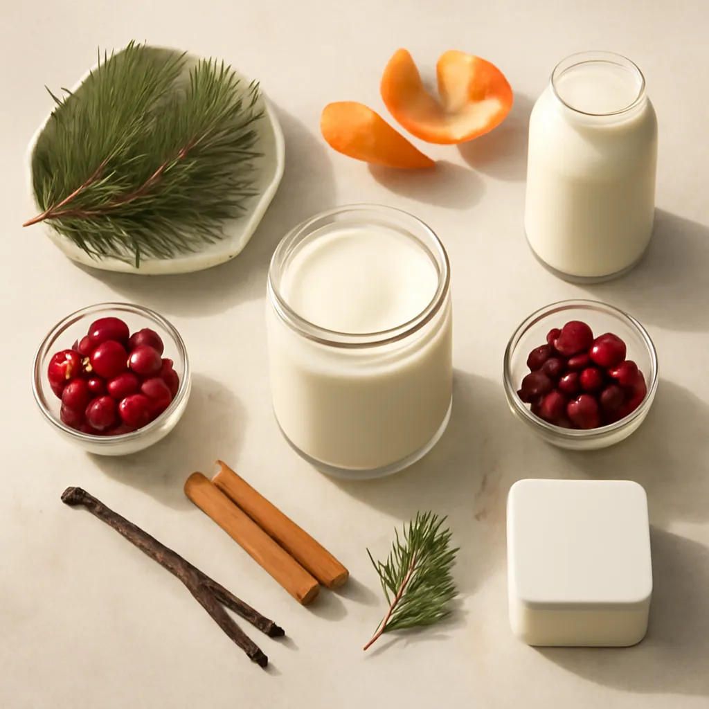 Ingredient image: pine, orange peel, cinnamon, vanilla, cranberry, cedar, editorial flat lay, detailed realistic texture, elegant neutral background, no text