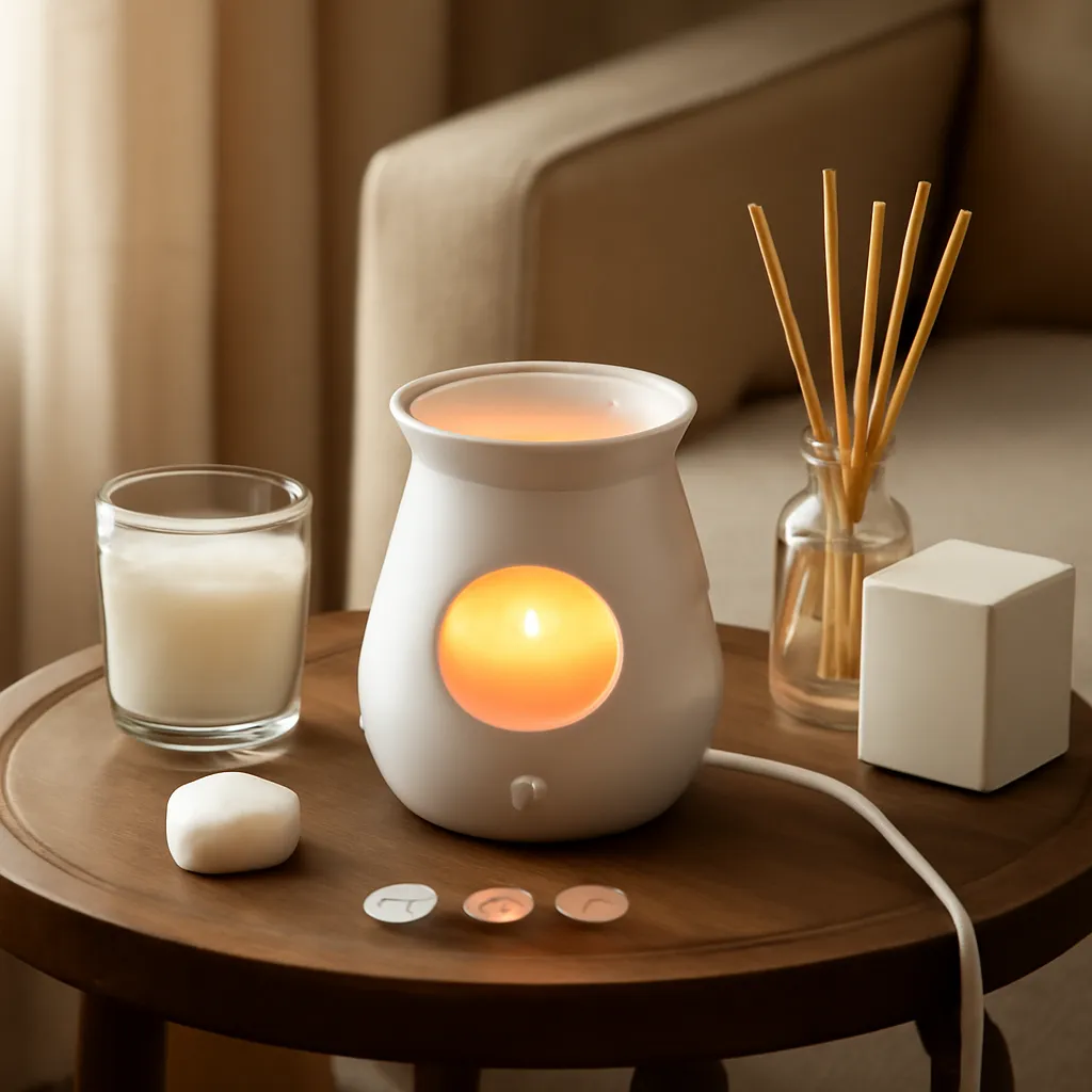 Detail image: small side table, wax warmer, airflow, cord route, scent intensity icons, realistic texture, Gothic editorial styling, controlled composition, no text