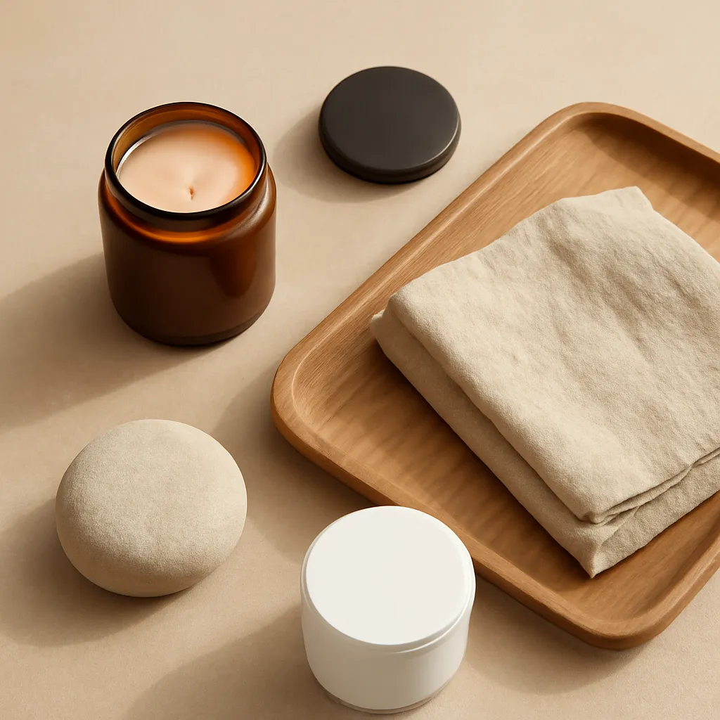 Ingredient close-up: beige stone, wood tray, linen, dark metal, amber glass, editorial flat lay, realistic texture, warm neutral background, no text