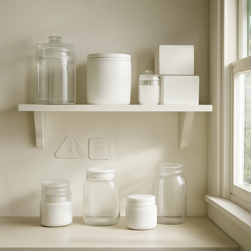 Ingredient image: covered storage, high shelf, open window, safety icons, clean jar, editorial flat lay, realistic texture, elegant neutral background, no text