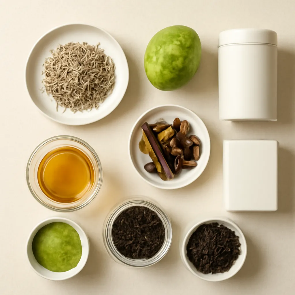 Ingredient image: white tea, bergamot, chai spice, matcha, black tea leaves, editorial flat lay, detailed realistic texture, elegant neutral background, no text