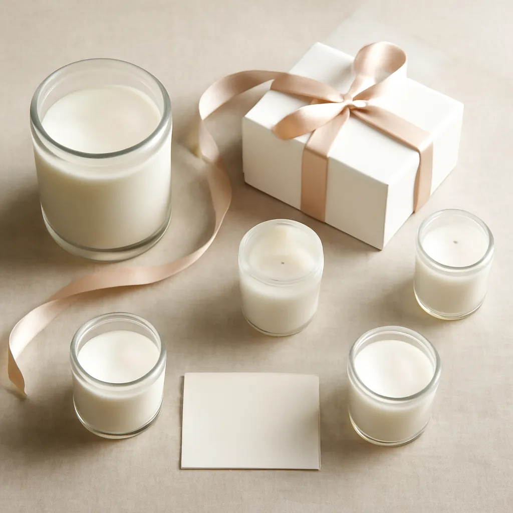 Ingredient image: small jars, votives, ribbon, gift box, message card, editorial flat lay, detailed realistic texture, elegant neutral background, no text