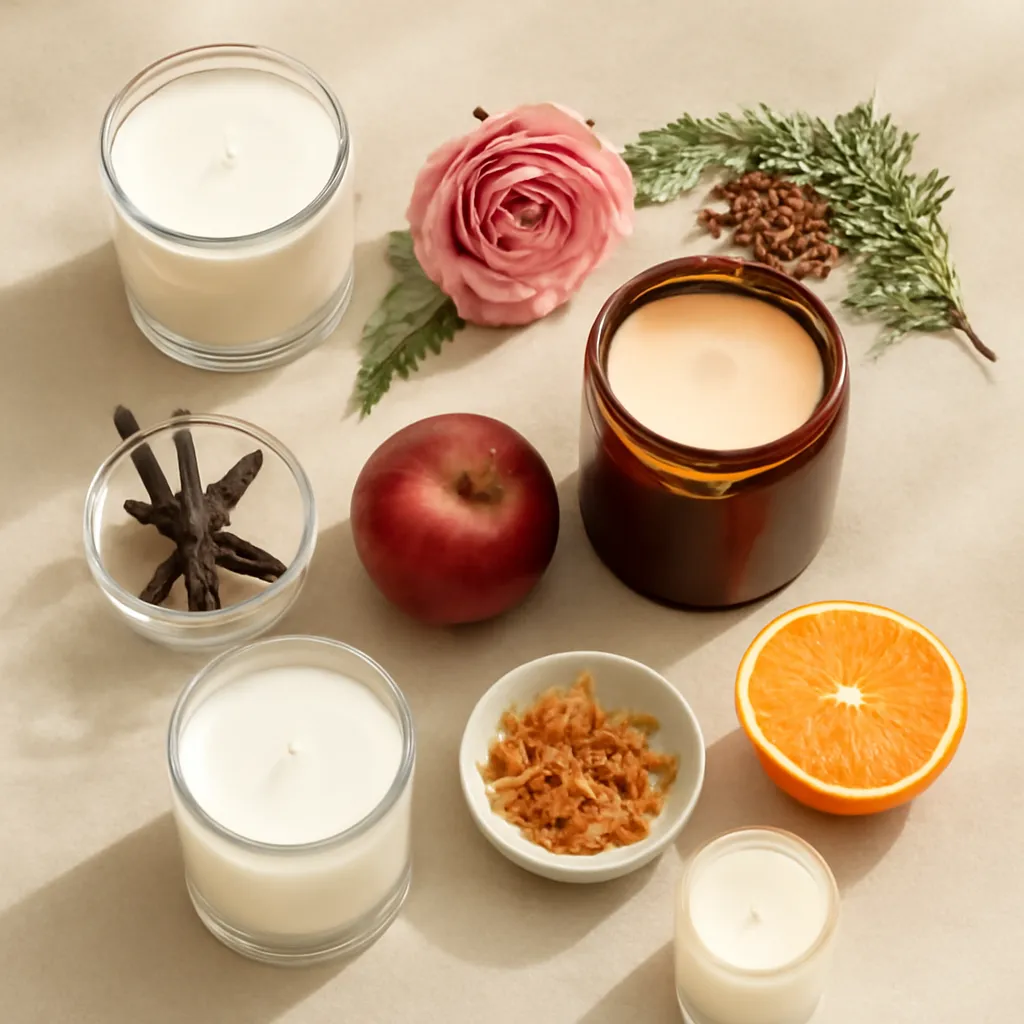 Ingredient image: vanilla, rose, apple, cedar, citrus, amber, editorial flat lay, detailed realistic texture, elegant neutral background, no text