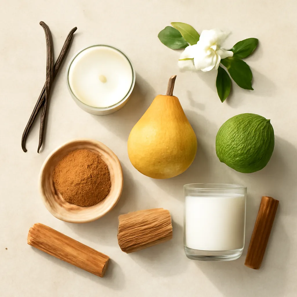 Ingredient image: vanilla, jasmine, pear, sandalwood, bergamot, cinnamon, editorial flat lay, detailed realistic texture, elegant neutral background, no text