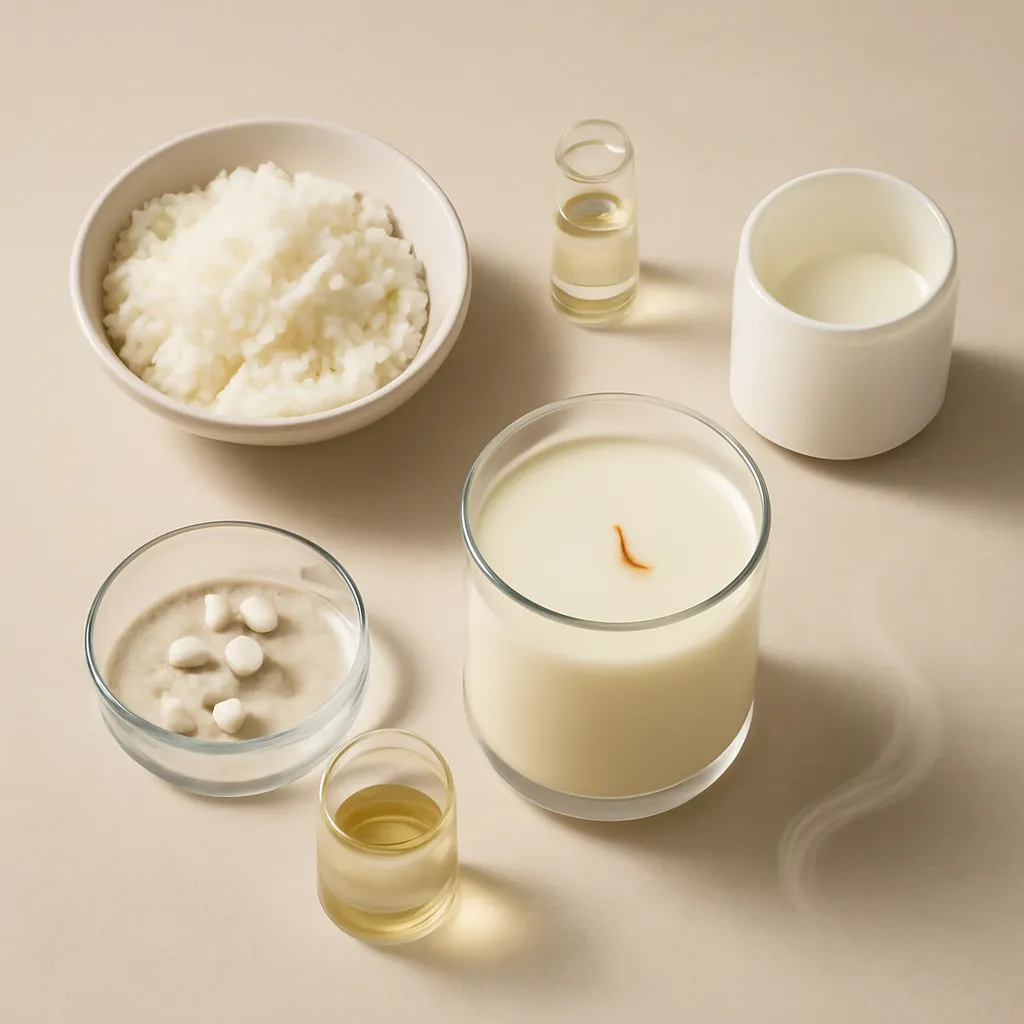 Ingredient image: wax, fragrance molecules, warm air, candle jar, room airflow, editorial flat lay, detailed realistic texture, elegant neutral background, no text