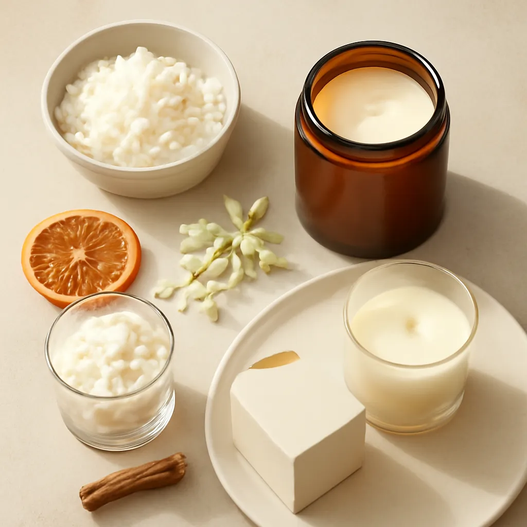 Ingredient image: soy wax, coconut wax, amber glass, floral notes, woods, citrus, editorial flat lay, detailed realistic texture, elegant neutral background, no text