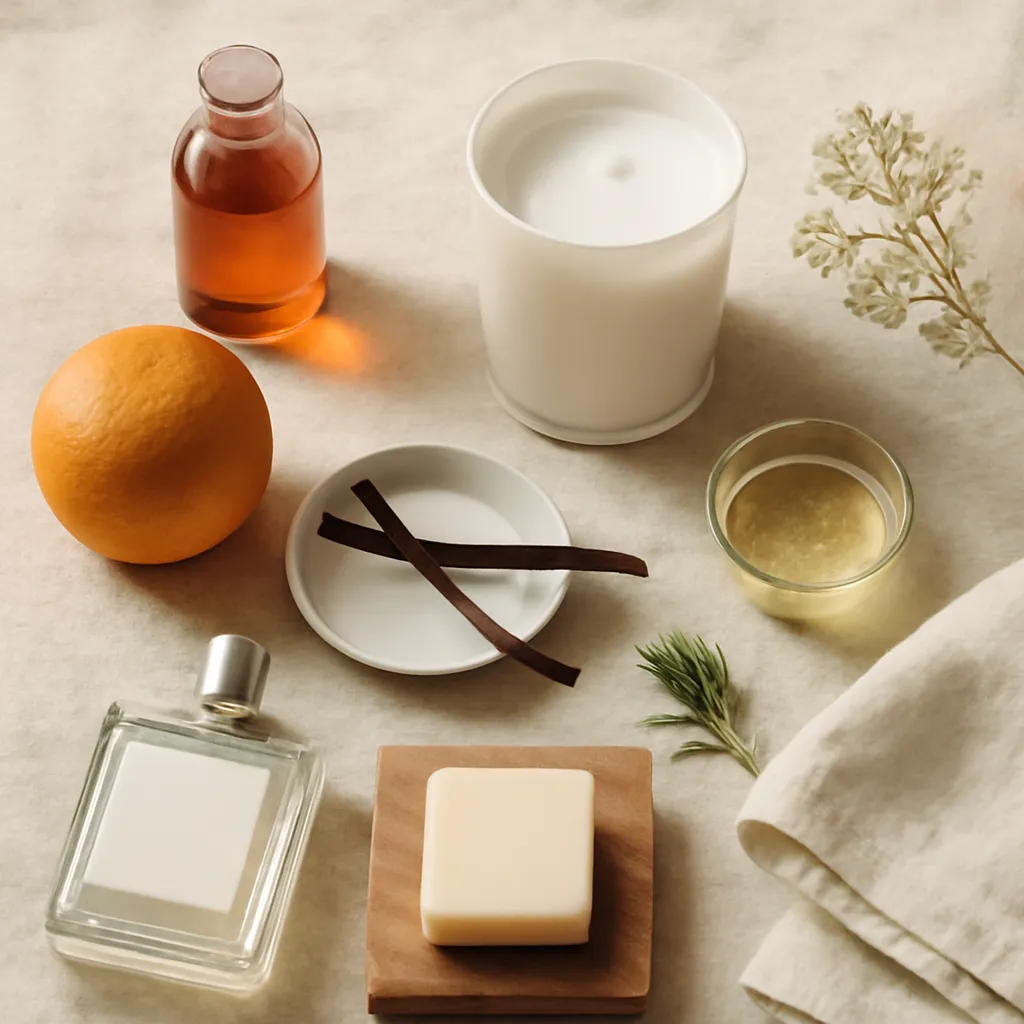 Ingredient image: amber, vanilla, cedar, citrus, floral notes, fresh linen, editorial flat lay, detailed realistic texture, elegant neutral background, no text