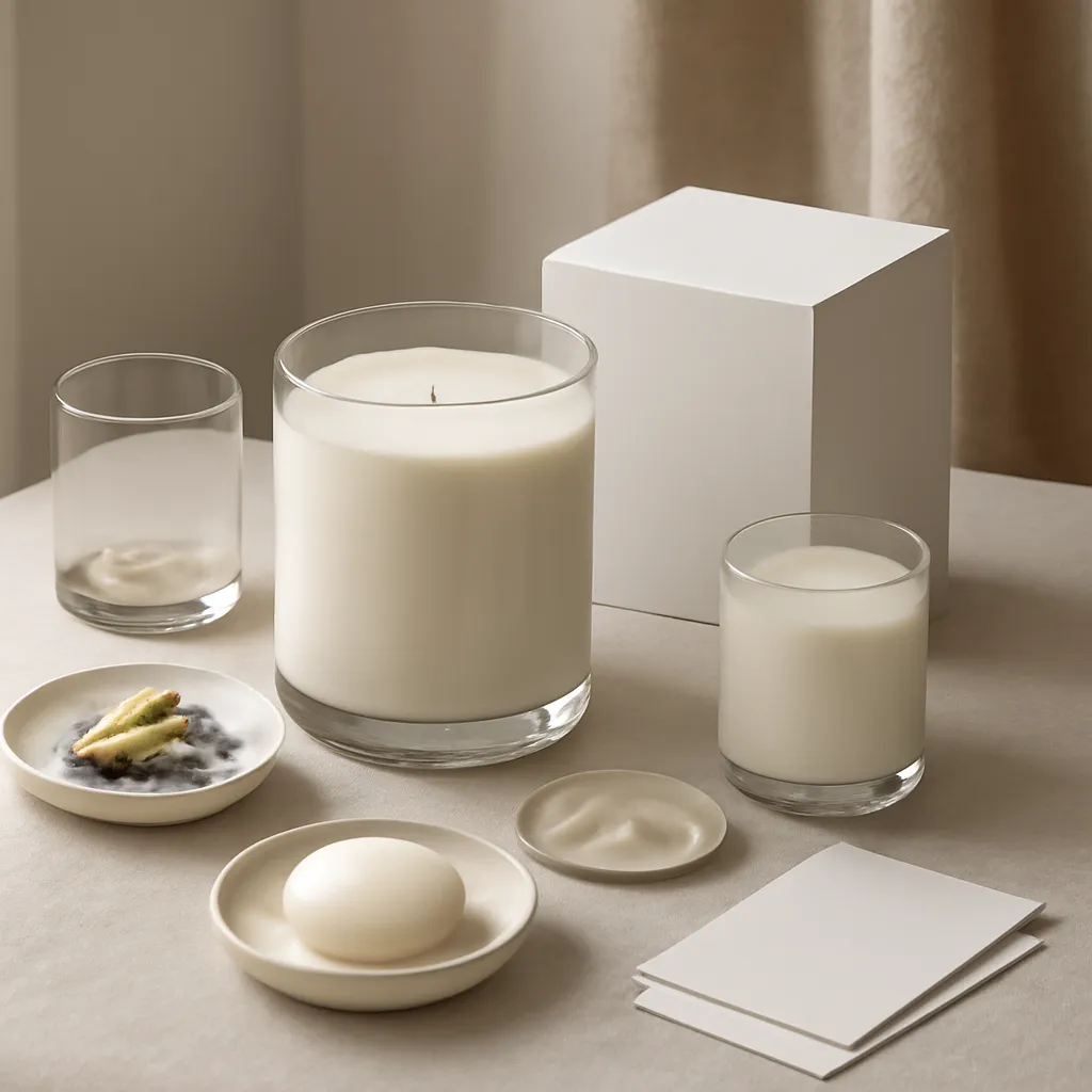 Ingredient image: thick glass, smooth wax, scent notes, packaging, rating scorecards, editorial flat lay, detailed realistic texture, elegant neutral background, no text