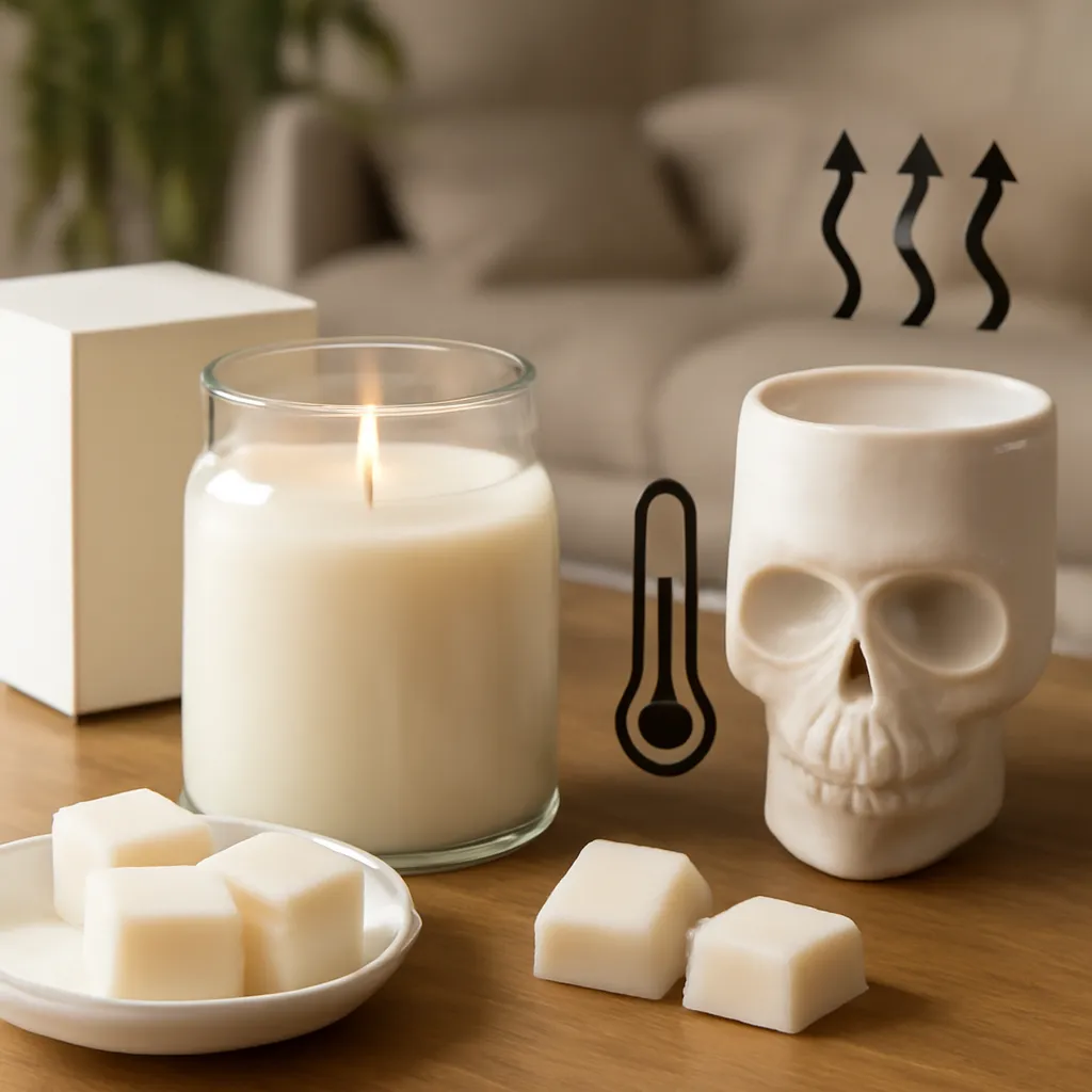 Detail image: jar candle, wax melts, skull vessels, heat arrows, comparison icons, realistic texture, Gothic editorial styling, controlled composition, no text