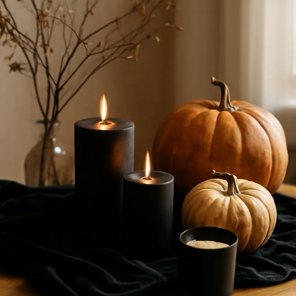 Detail image: black candles, pumpkins, dried branches, dark velvet, warm amber light, realistic texture, Gothic editorial styling, controlled composition, no text