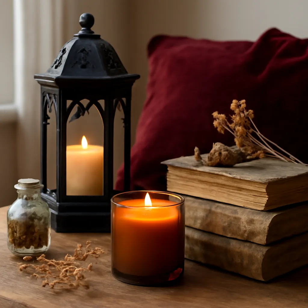 Detail image: black metal, burgundy velvet, aged books, dried botanicals, amber glow, realistic texture, Gothic editorial styling, controlled composition, no text