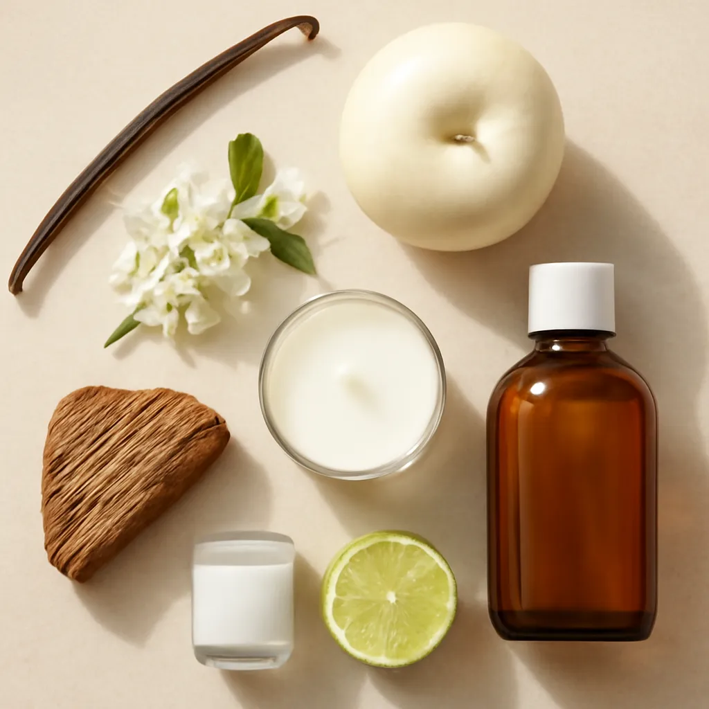 Ingredient image: vanilla bean, apple, jasmine, cedar, bergamot, amber, editorial flat lay, detailed realistic texture, elegant neutral background, no text