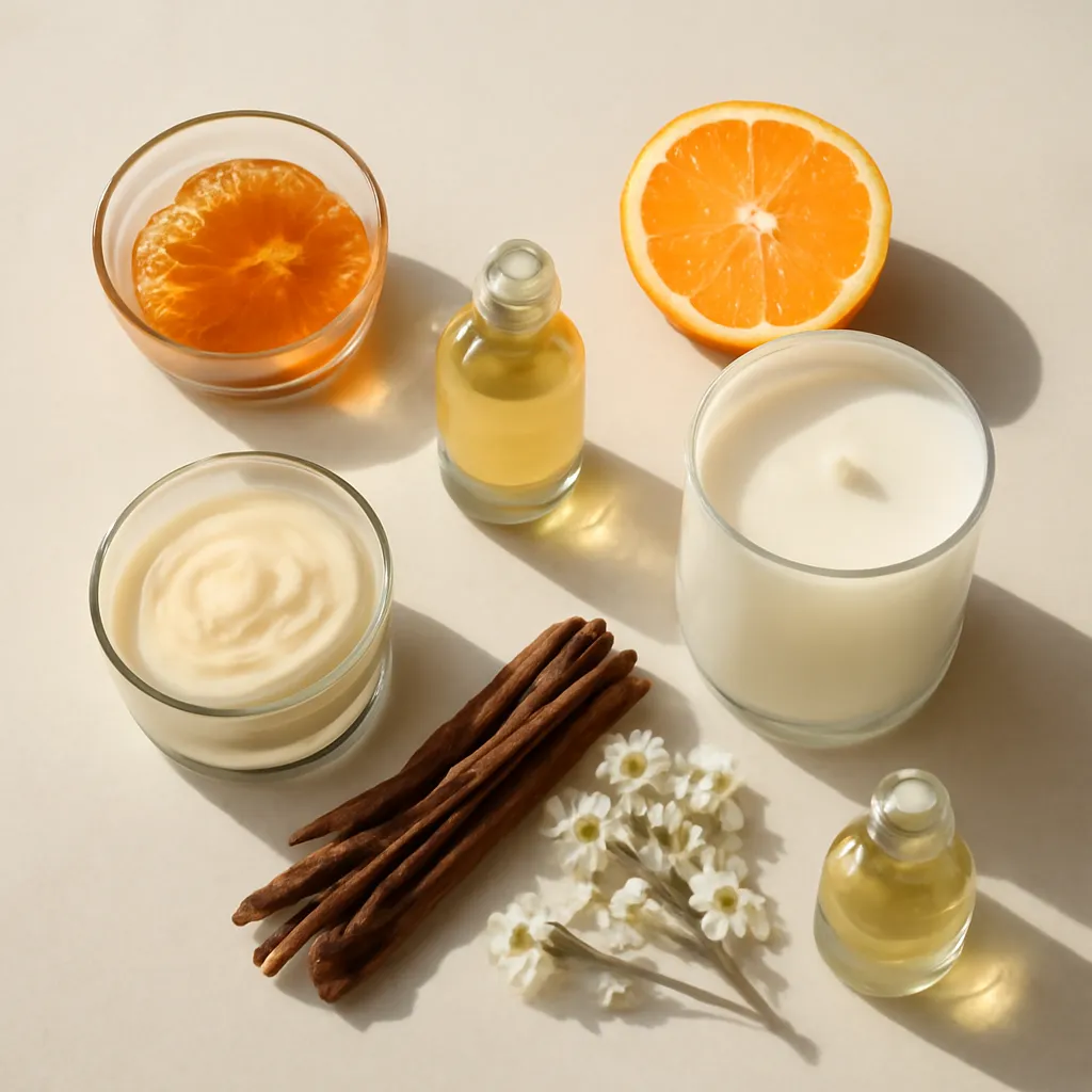 Ingredient image: amber, citrus, vanilla, cedar, floral notes, editorial flat lay, realistic texture, elegant neutral background, no text