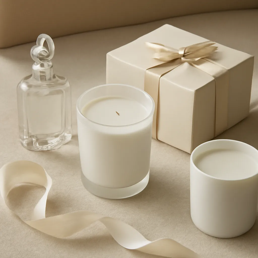 Ingredient image: fine fragrance, sculptural glass, smooth wax, ribbon, gift box, editorial flat lay, detailed realistic texture, elegant neutral background, no text