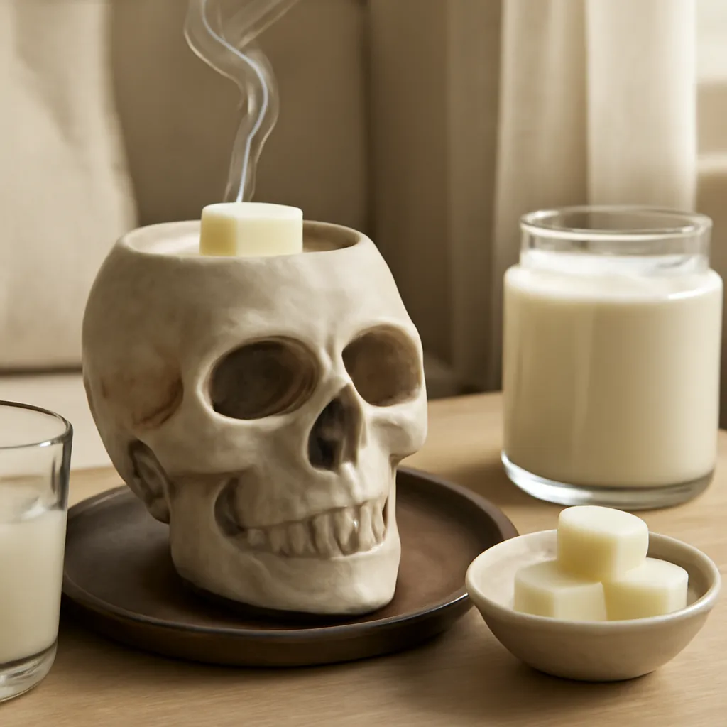 Detail image: skull vessel, warming dish, wax cubes, heat flow, fragrance trail, realistic texture, Gothic editorial styling, controlled composition, no text