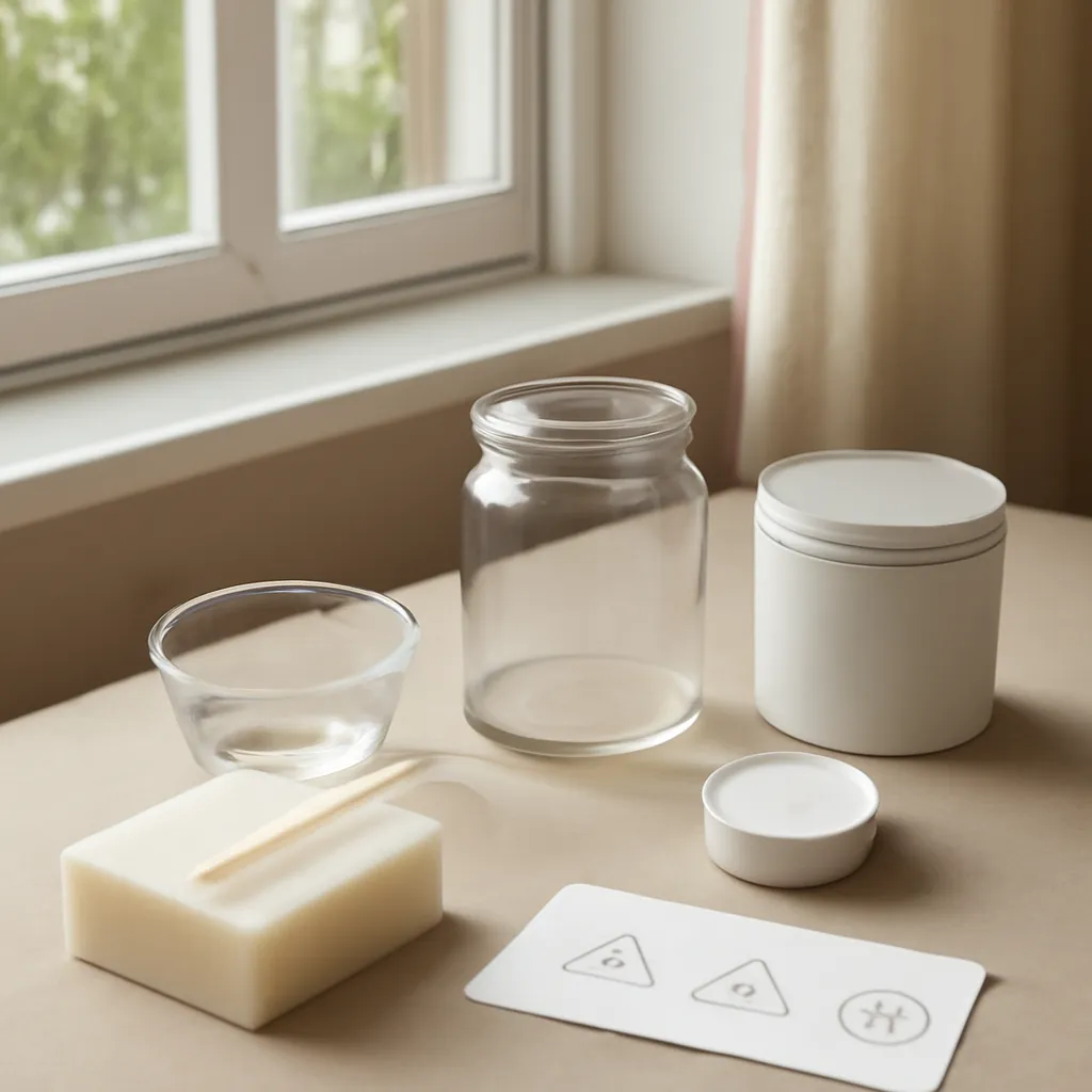 Ingredient image: wax, wick, clean jar, open window, safety icons, editorial flat lay, realistic texture, elegant neutral background, no text