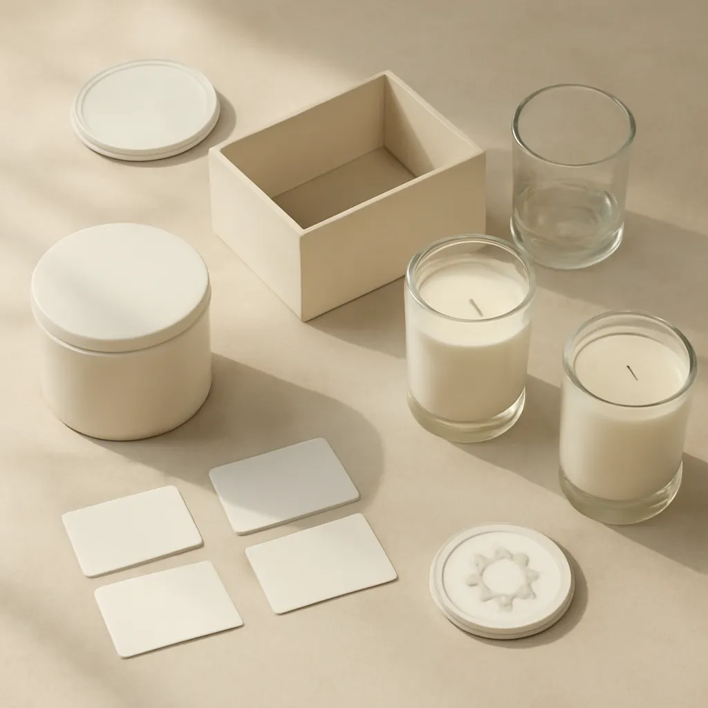 Ingredient image: candle lids, storage box, sunlight warning, wax surface, date labels, editorial flat lay, detailed realistic texture, elegant neutral background, no text