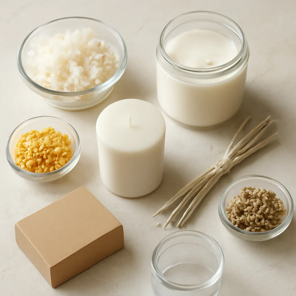 Ingredient image: soy wax, coconut wax, beeswax, cotton wick, botanical ingredients, editorial flat lay, detailed realistic texture, elegant neutral background, no text