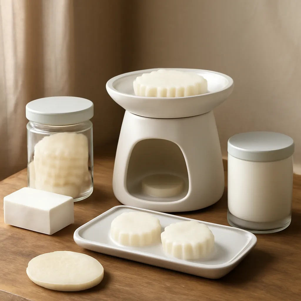 Detail image: wax tarts, warming dish, fragrance notes, storage container, cleaning pad, realistic texture, Gothic editorial styling, controlled composition, no text
