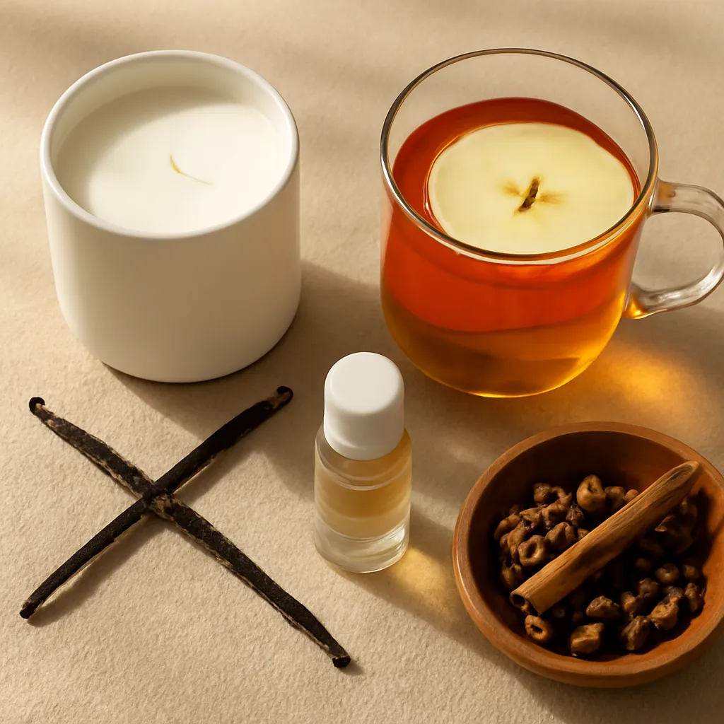 Ingredient close-up: apple tea, vanilla musk, light cedar, gentle spice, editorial flat lay, realistic texture, warm neutral background, no text