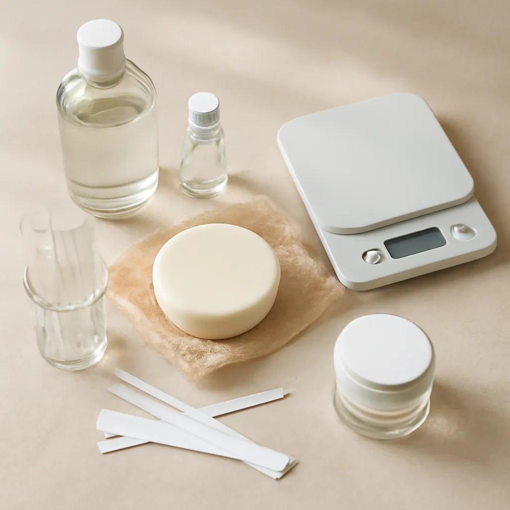 Ingredient image: fragrance bottles, wax, scale, test jars, scent strips, editorial flat lay, detailed realistic texture, elegant neutral background, no text