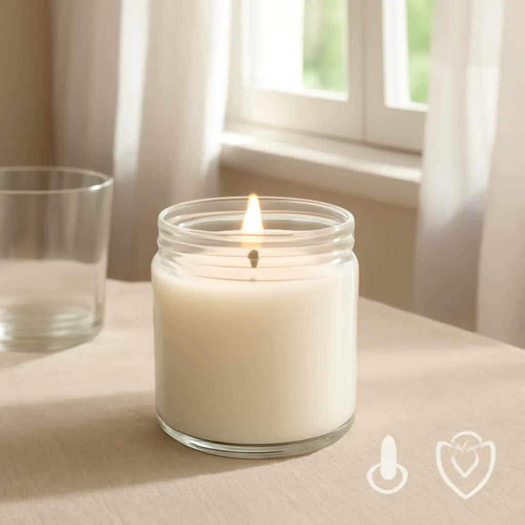 Ingredient image: candle jar, clean wick, open window, airflow, safety icons, editorial flat lay, detailed realistic texture, elegant neutral background, no text