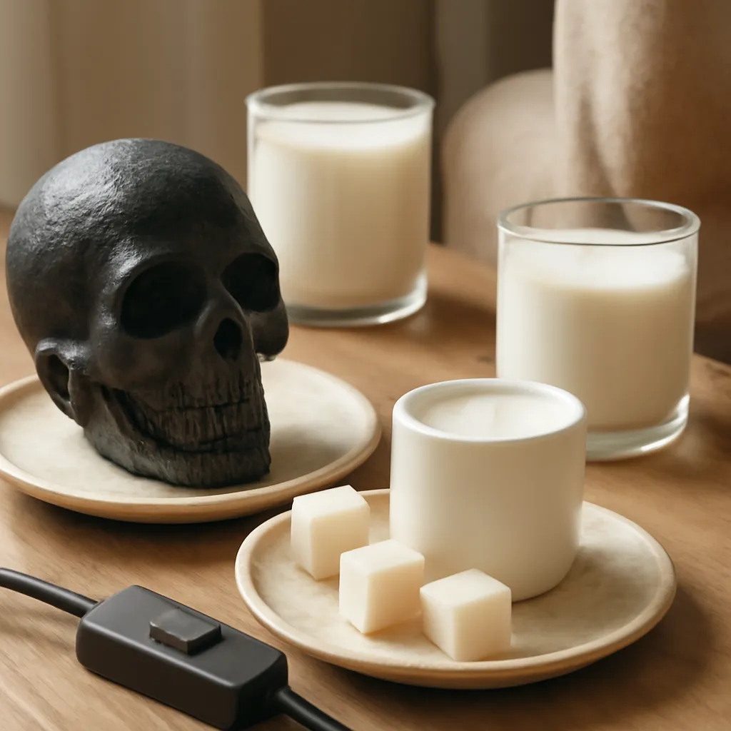 Detail image: electric cord, switch, ceramic dish, textured skull, wax cubes, realistic texture, Gothic editorial styling, controlled composition, no text