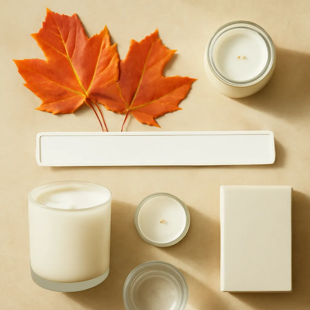 Ingredient close-up: maple leaves, candle jars, search bar, scent notes, editorial flat lay, realistic texture, warm neutral background, no text