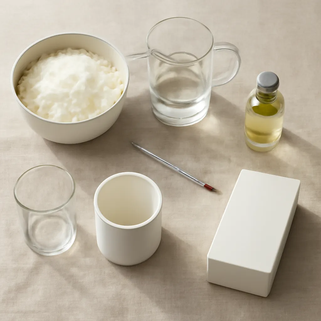 Ingredient image: wax flakes, fragrance oil, thermometer, pouring pitcher, jars, editorial flat lay, realistic texture, elegant neutral background, no text